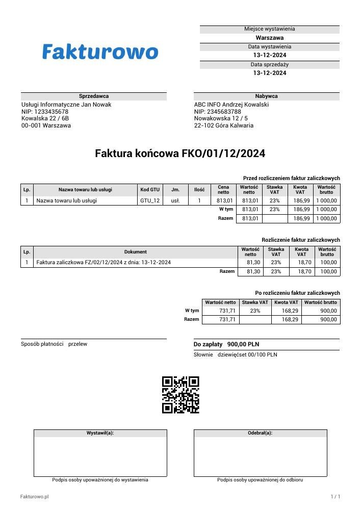 Faktura końcowa do faktury zaliczkowej